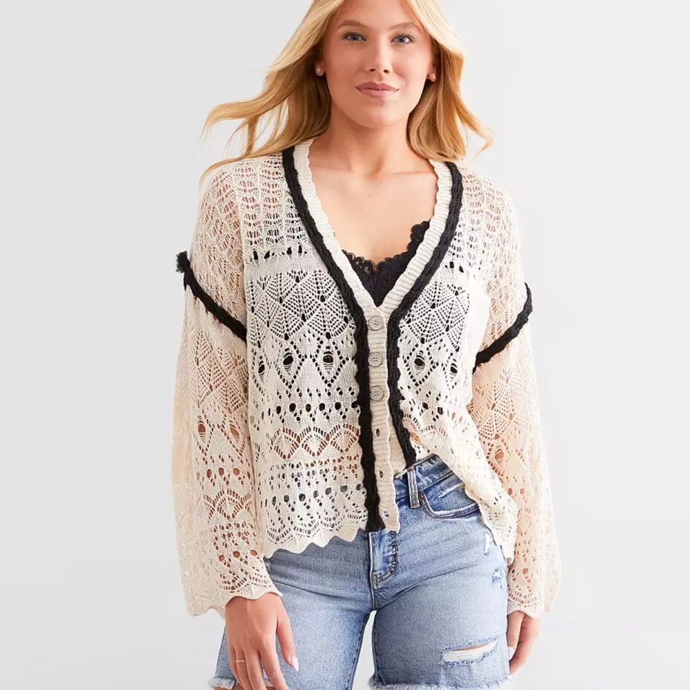 POL Ivory Open-Knit Crochet Cardigan